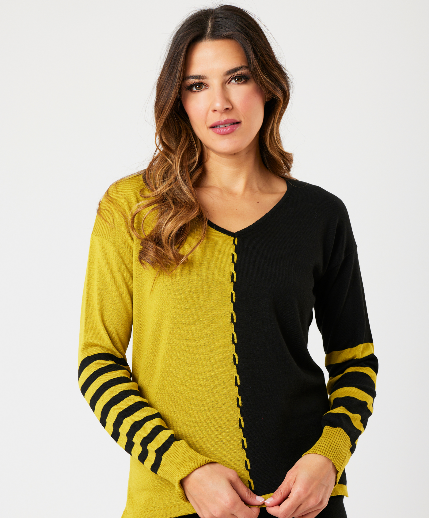 V-Neck Cable Sleeve Sweater