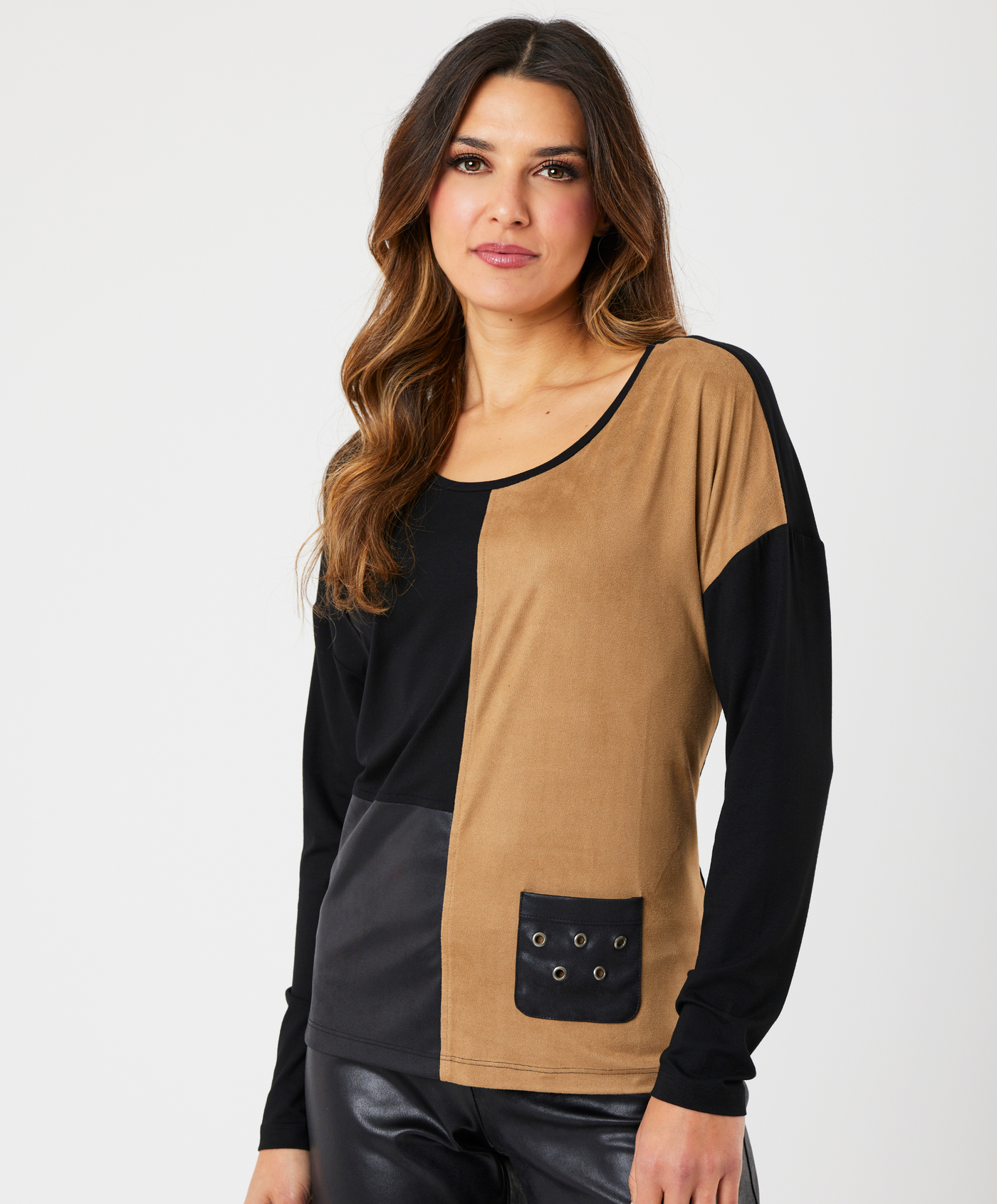 Vegan Leather/Suede Grommet Pkt Top