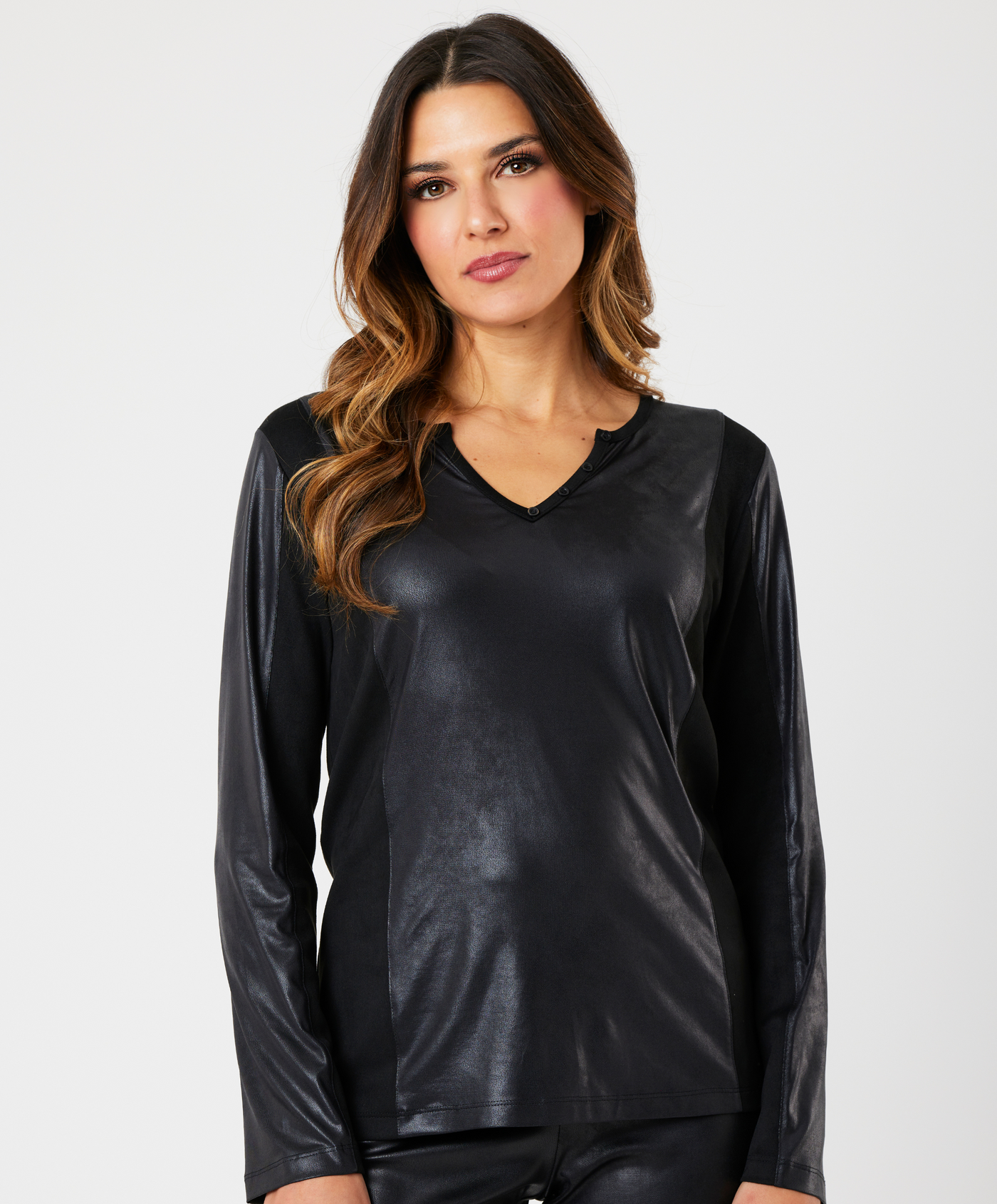 Vegan Leather/Suede Button Up V-Neck