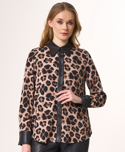 Animal Print Button Down with Vegan Leather Trim