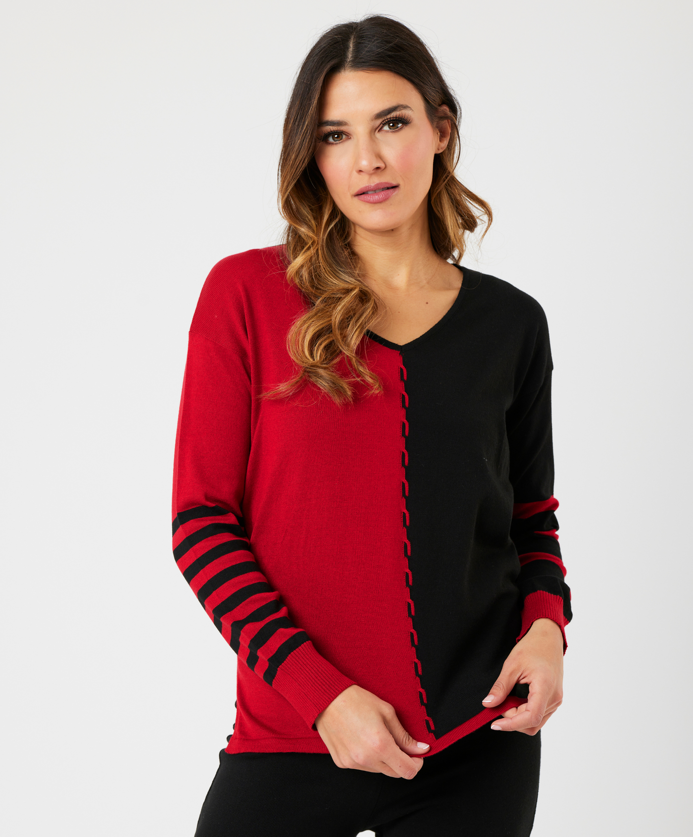 V-Neck Cable Sleeve Sweater