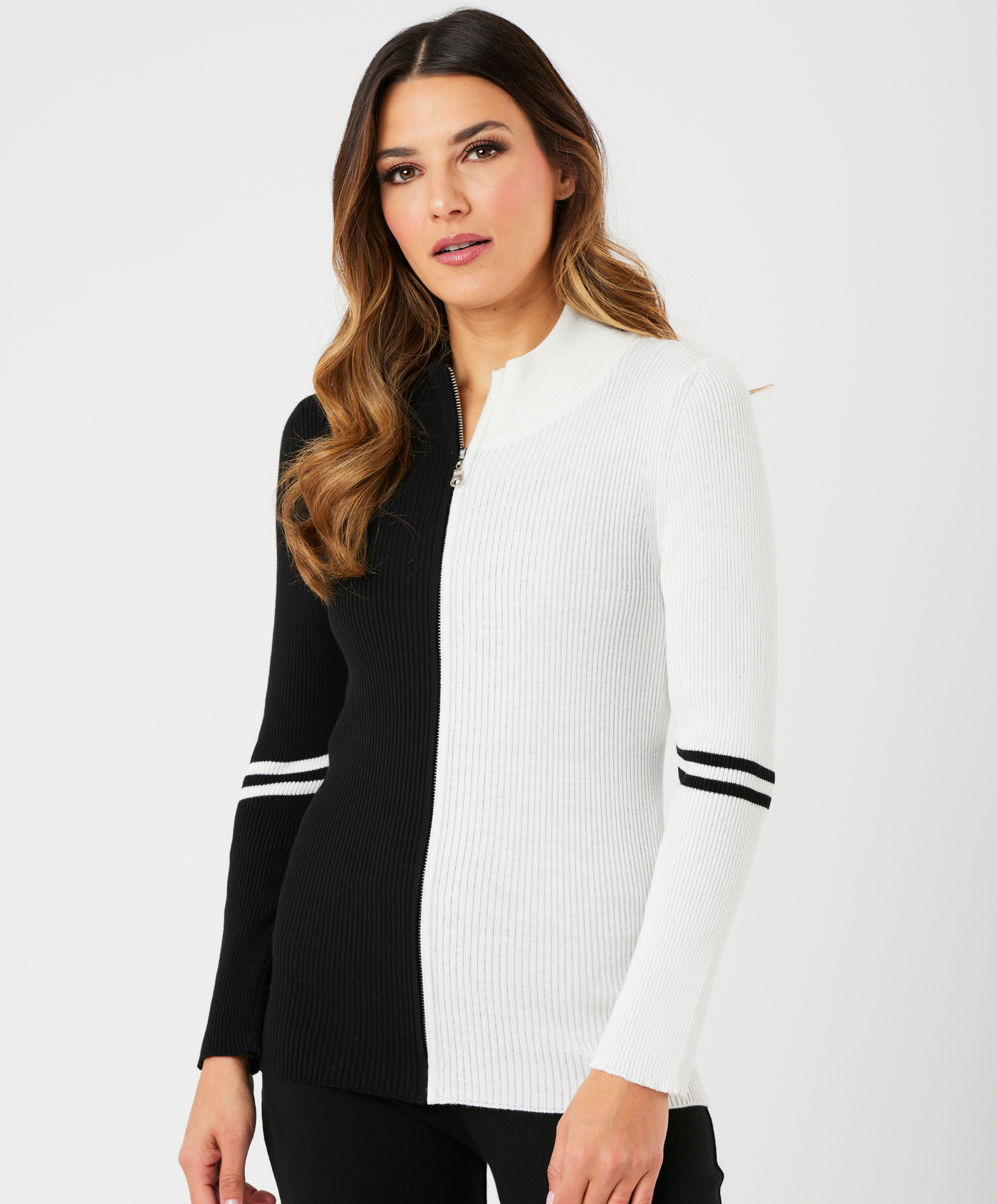 Two Tone Ribbed Zip Up Cardigan