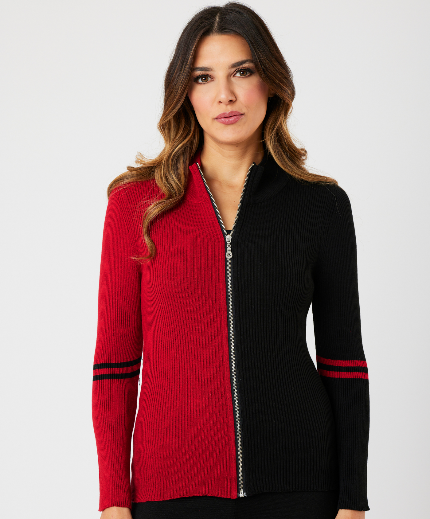 Two Tone Ribbed Zip Up Cardigan