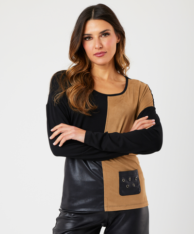 Vegan Leather/Suede Grommet Pkt Top