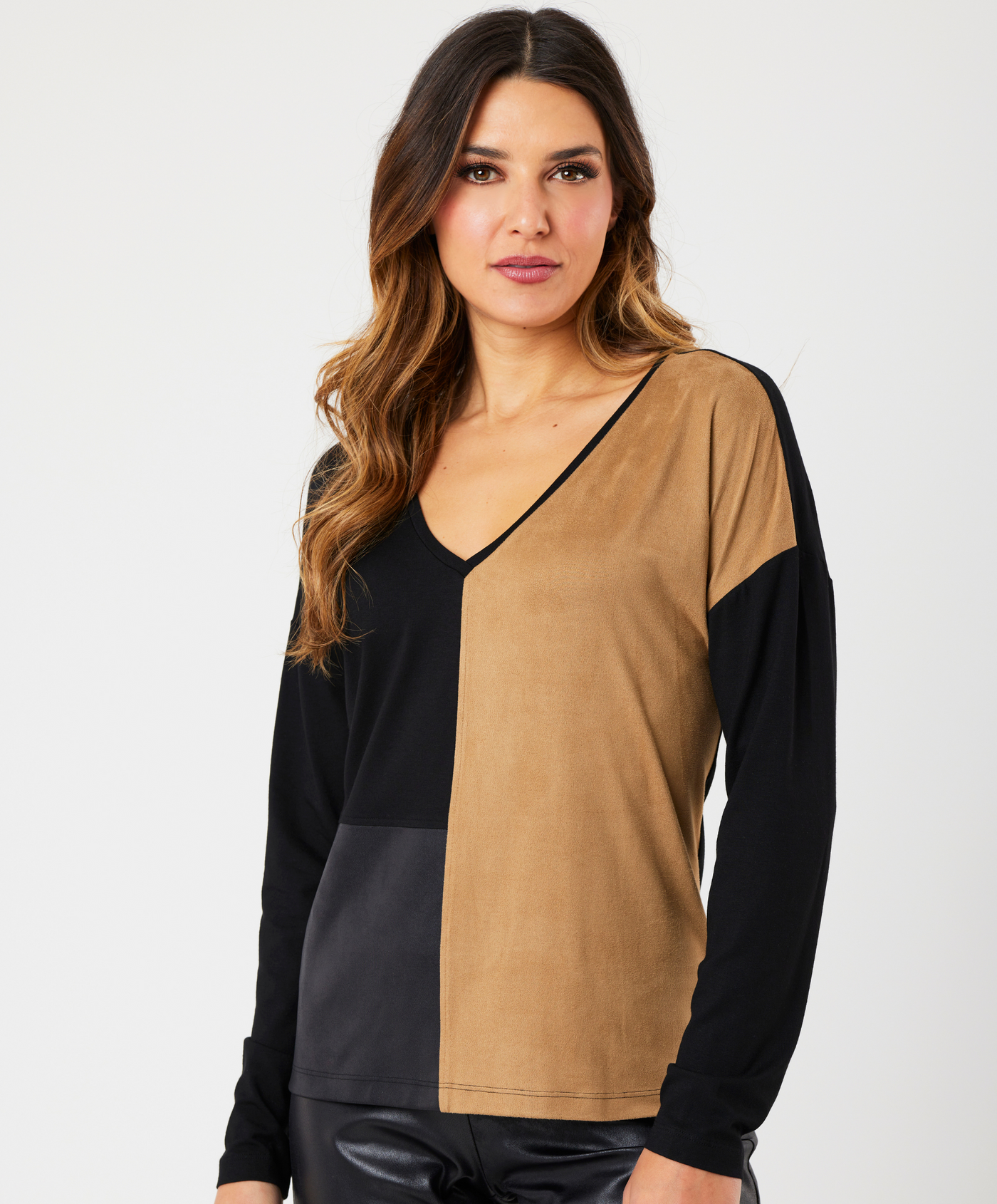 Two Tone Vegan Leather/Suede V-Neck