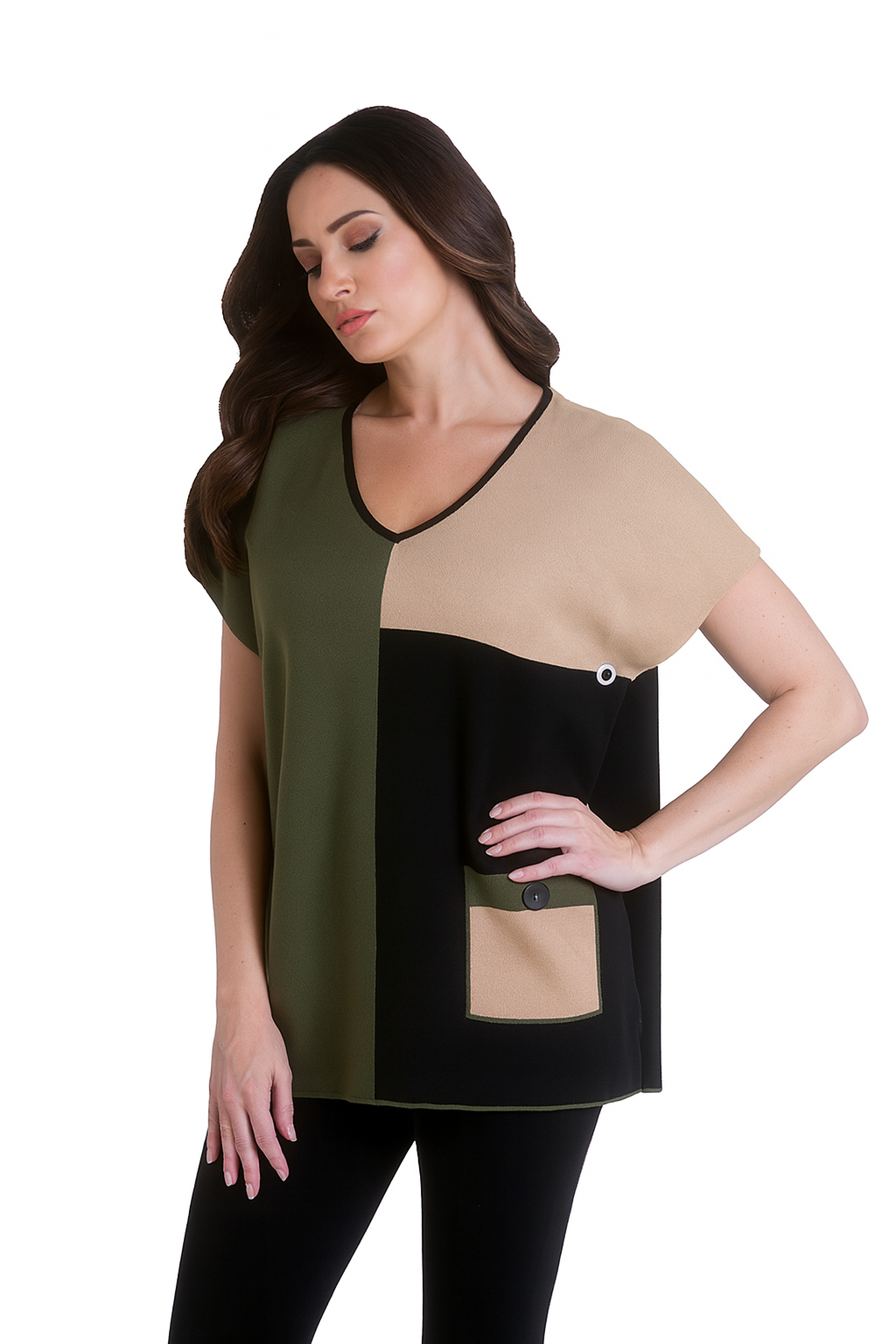 Color Block V Neck Poncho