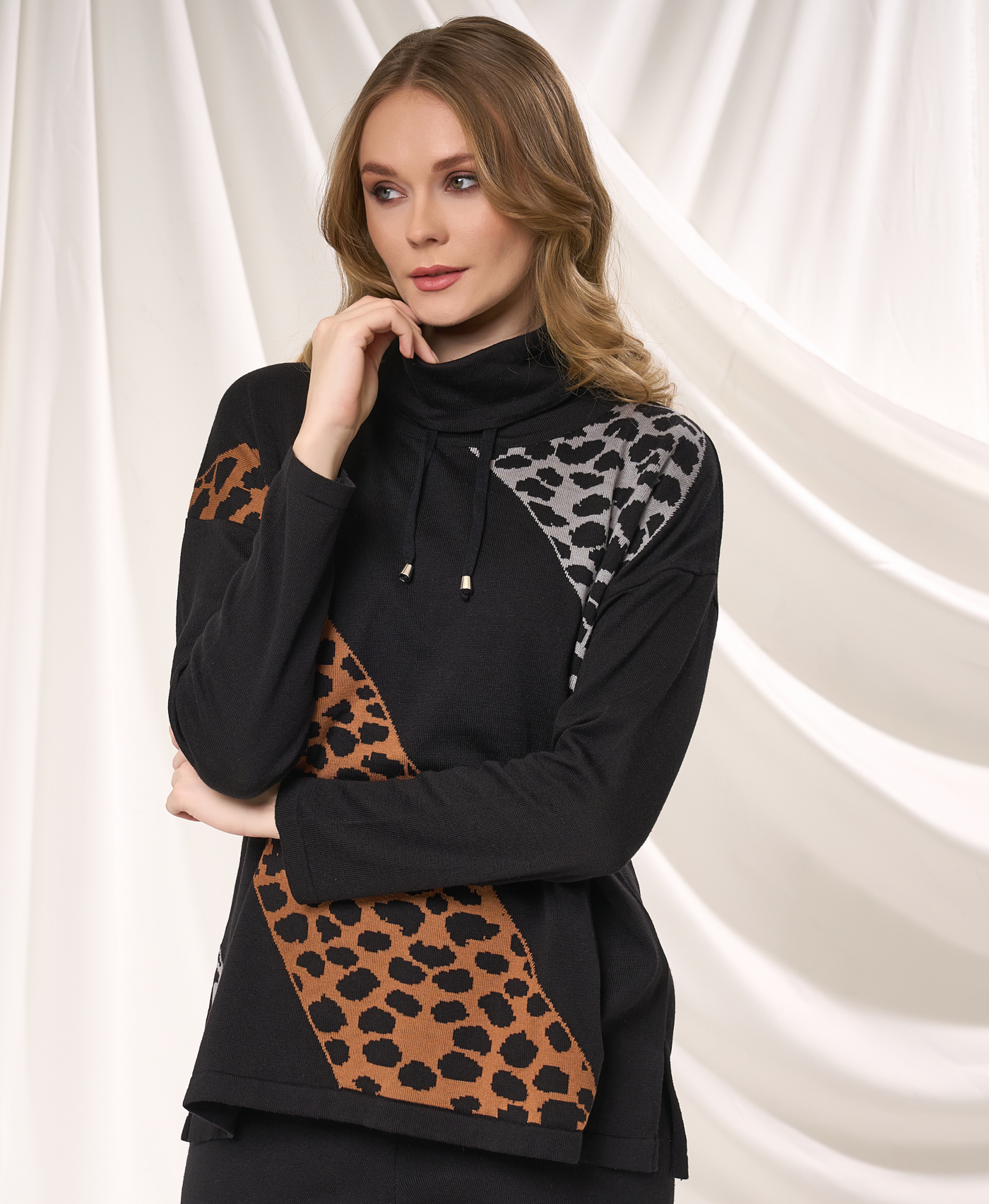 Animal Print Drawstring Cowl Neck