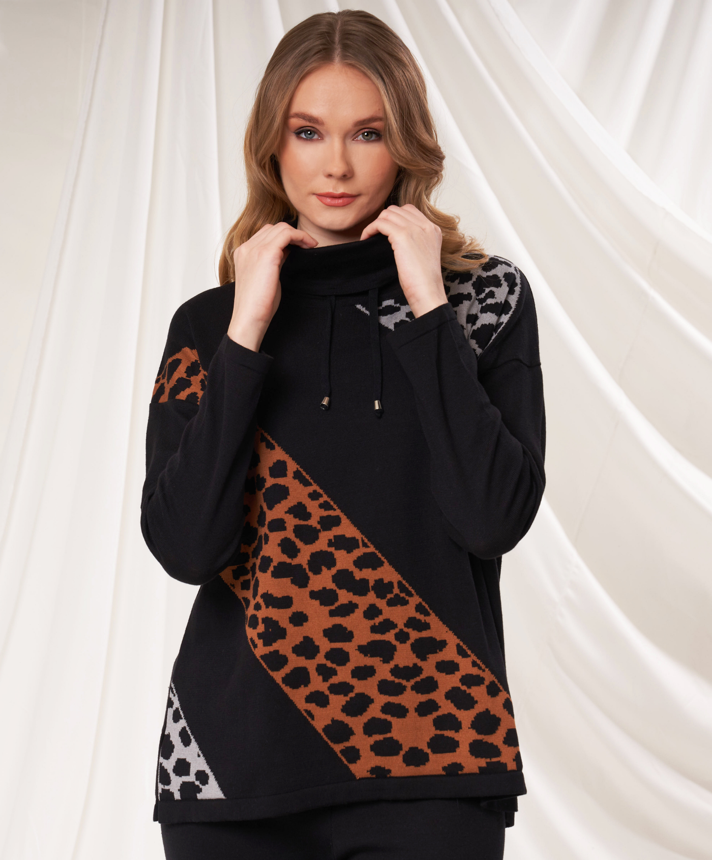 Animal Print Drawstring Cowl Neck