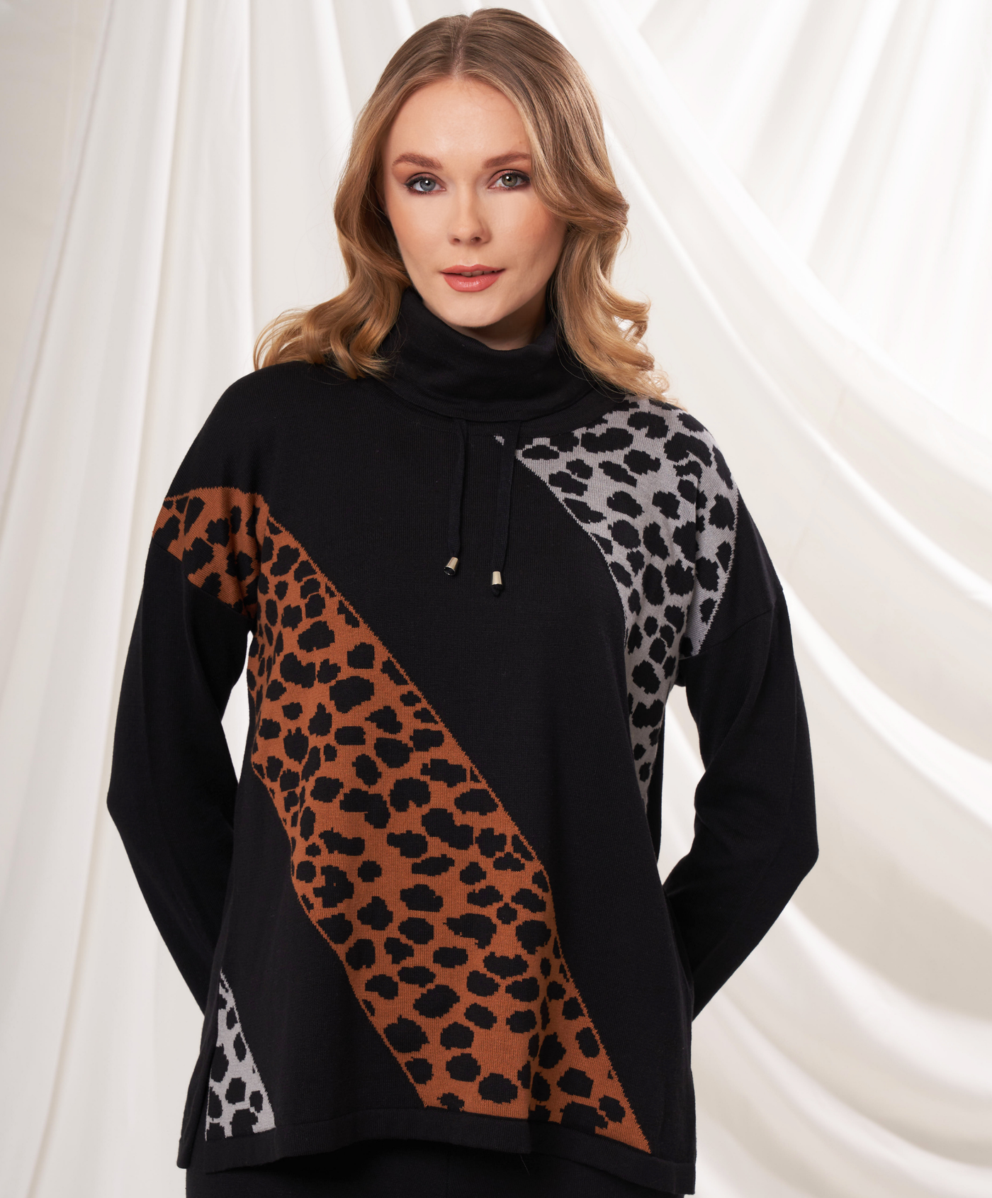 Animal Print Drawstring Cowl Neck