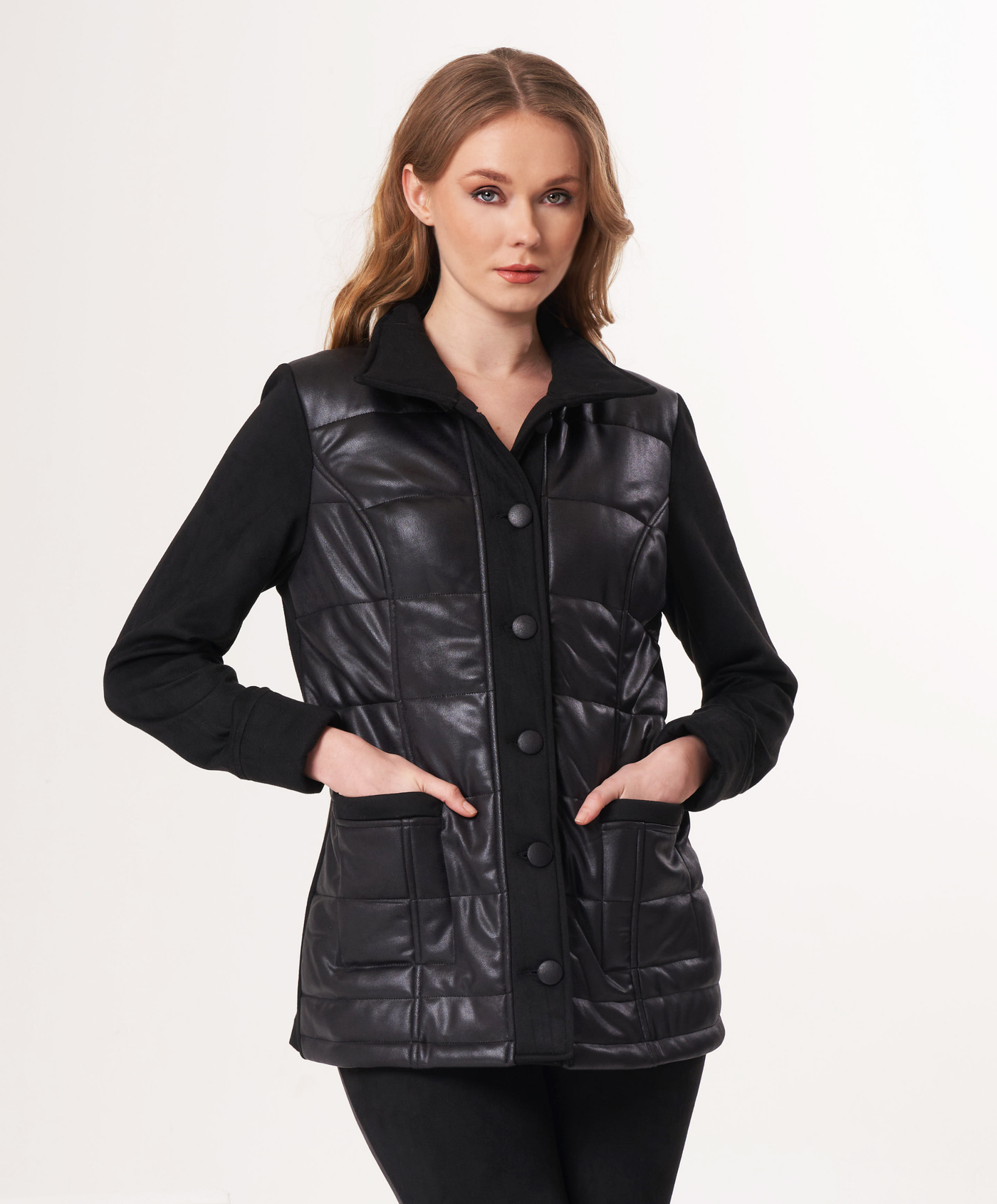 Vegan Leather/Suede Quilted Jacket with Buttons