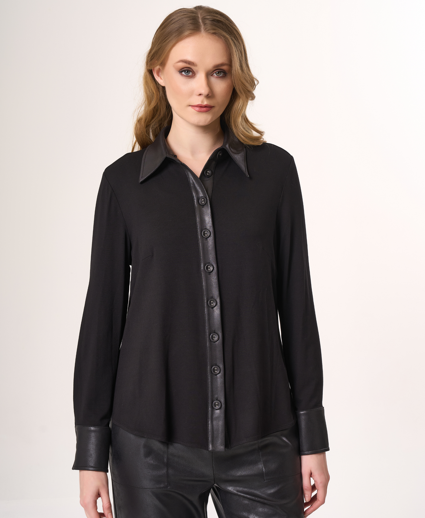 Button Down Shirt with Vegan Leather Trim