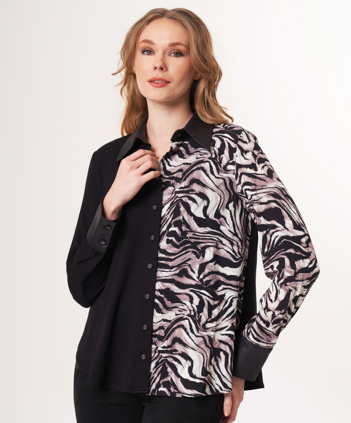 Two Tone Button Down with Vegan Leather Trim