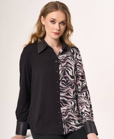 Two Tone Button Down with Vegan Leather Trim