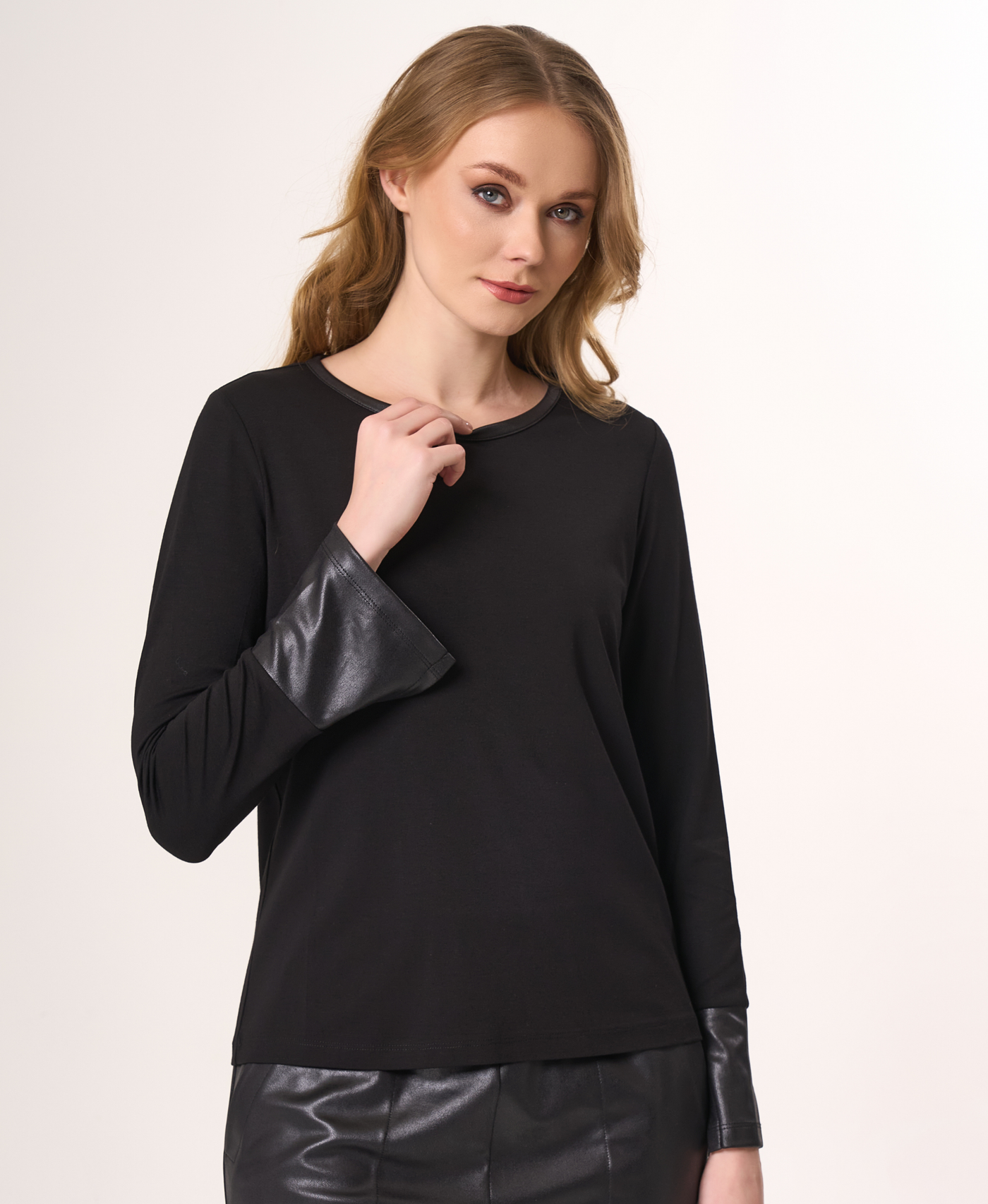 Round Neck Top with Vegan Leather Detail