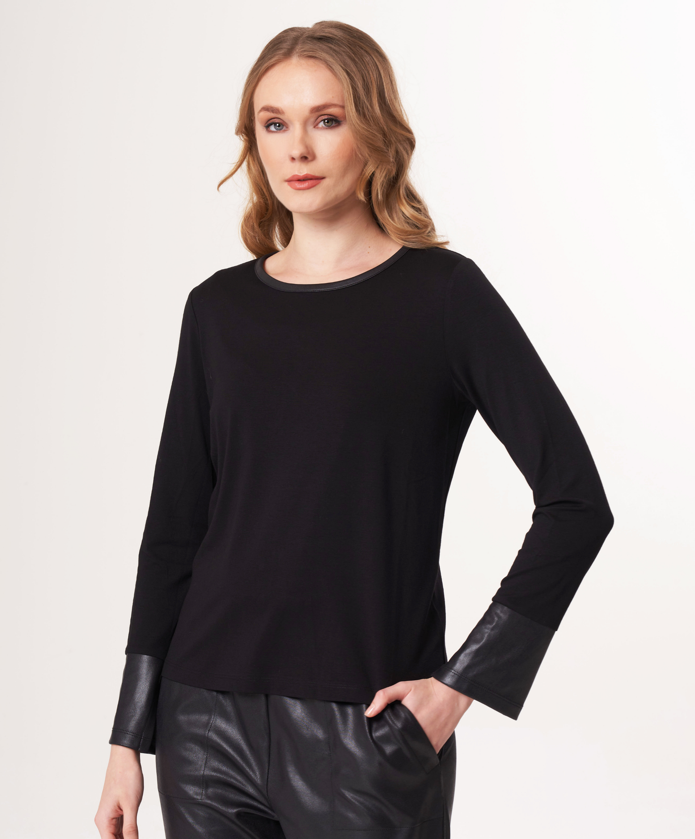 Round Neck Top with Vegan Leather Detail