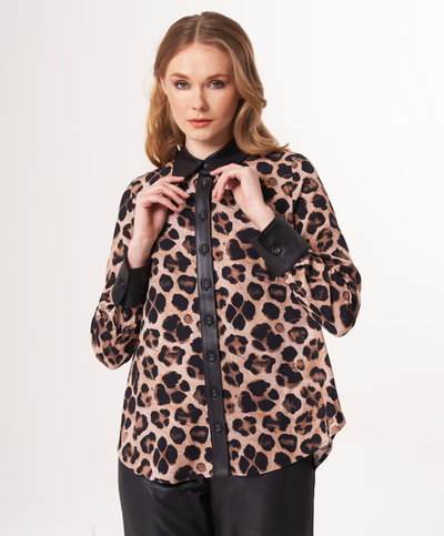 Animal Print Button Down with Vegan Leather Trim
