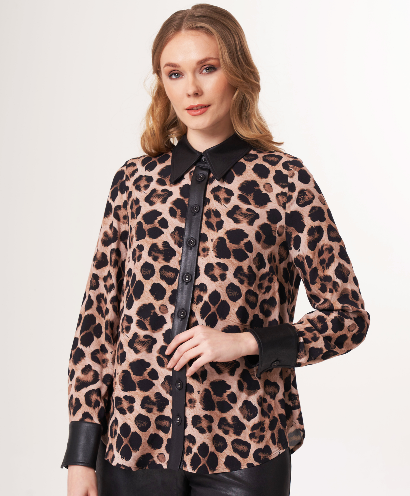 Animal Print Button Down with Vegan Leather Trim