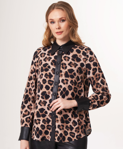 Animal Print Button Down with Vegan Leather Trim