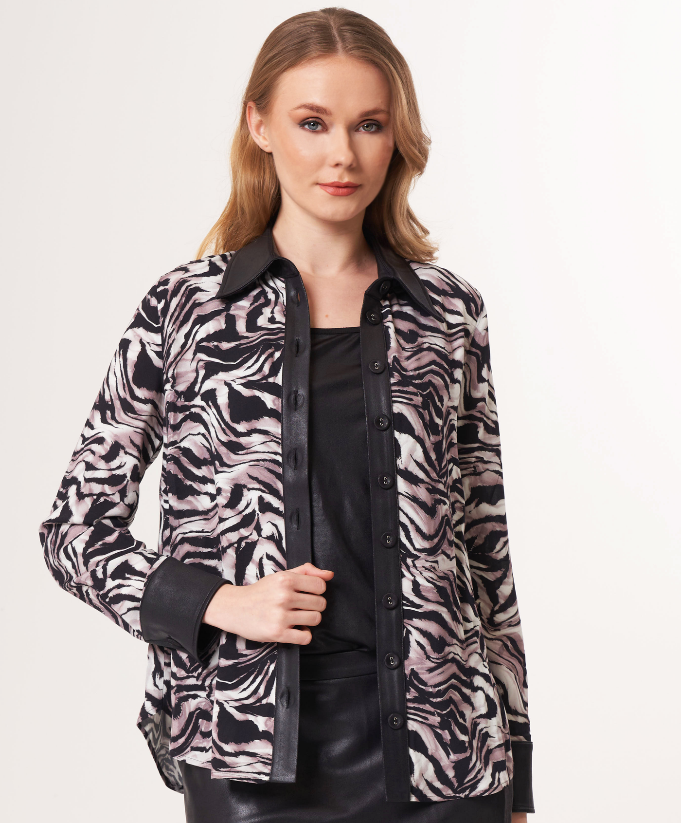 Animal Print Button Down with Vegan Leather Trim