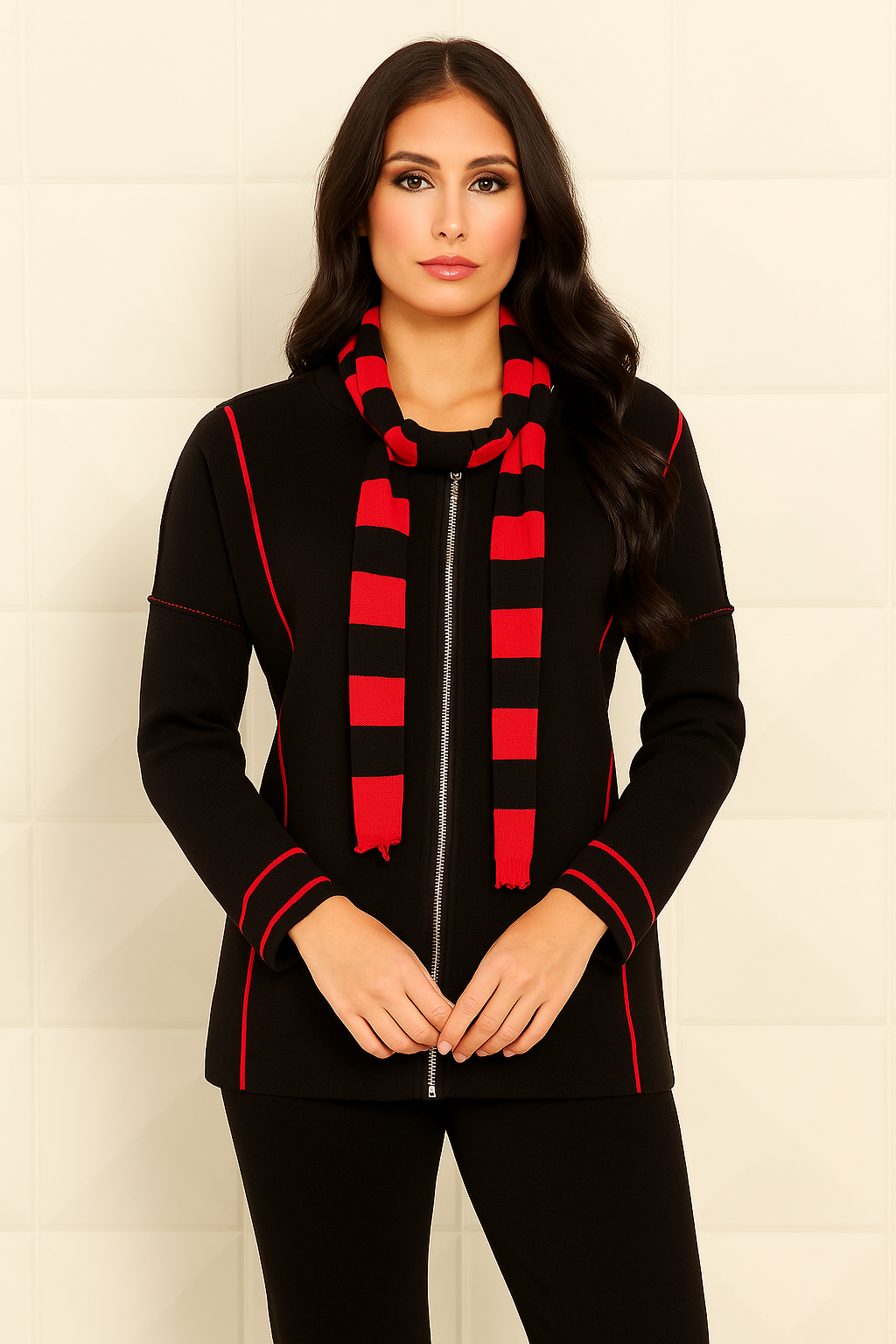 Poncho zippé réversible avec écharpe à rayures