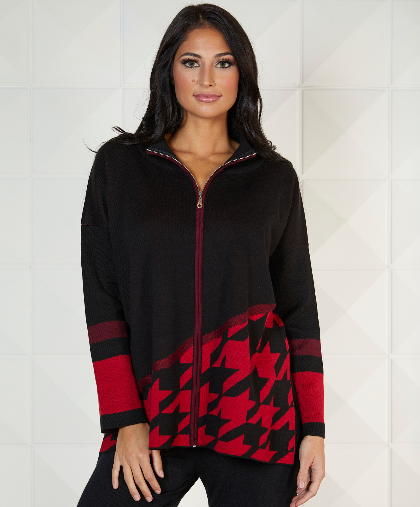 Houndstooth Zip Up Poncho