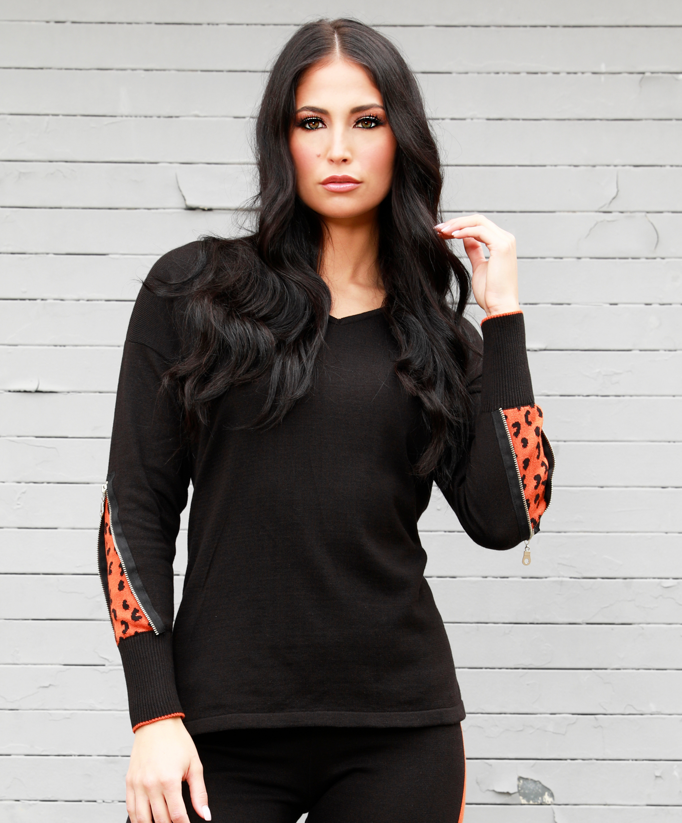 Cheetah V-Neck Sweater with Zip Sleeves