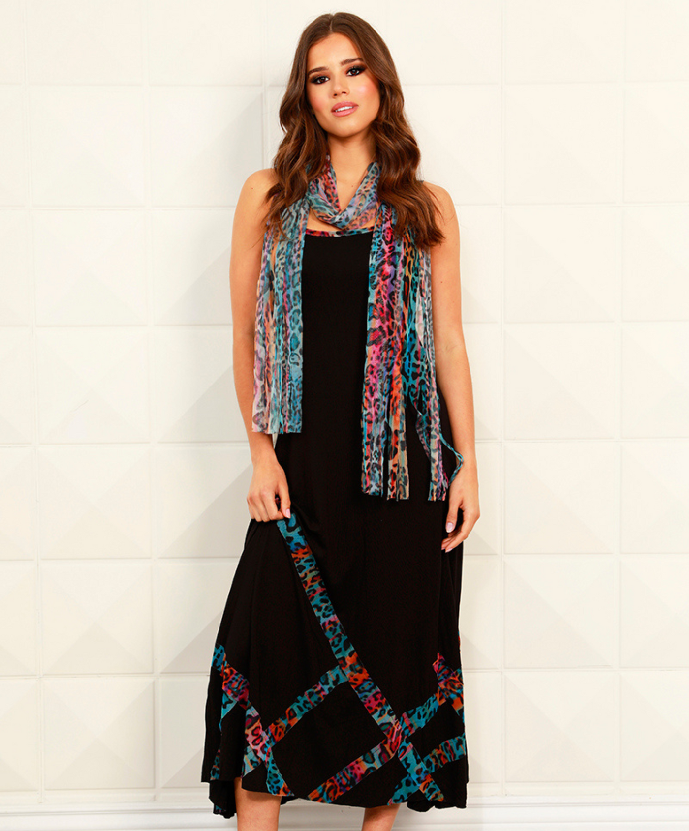 Vibrant Leopard Detail Maxi Dress with Scarf