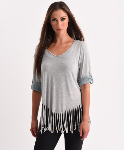 Stone Wash Cut Out Fringe Top