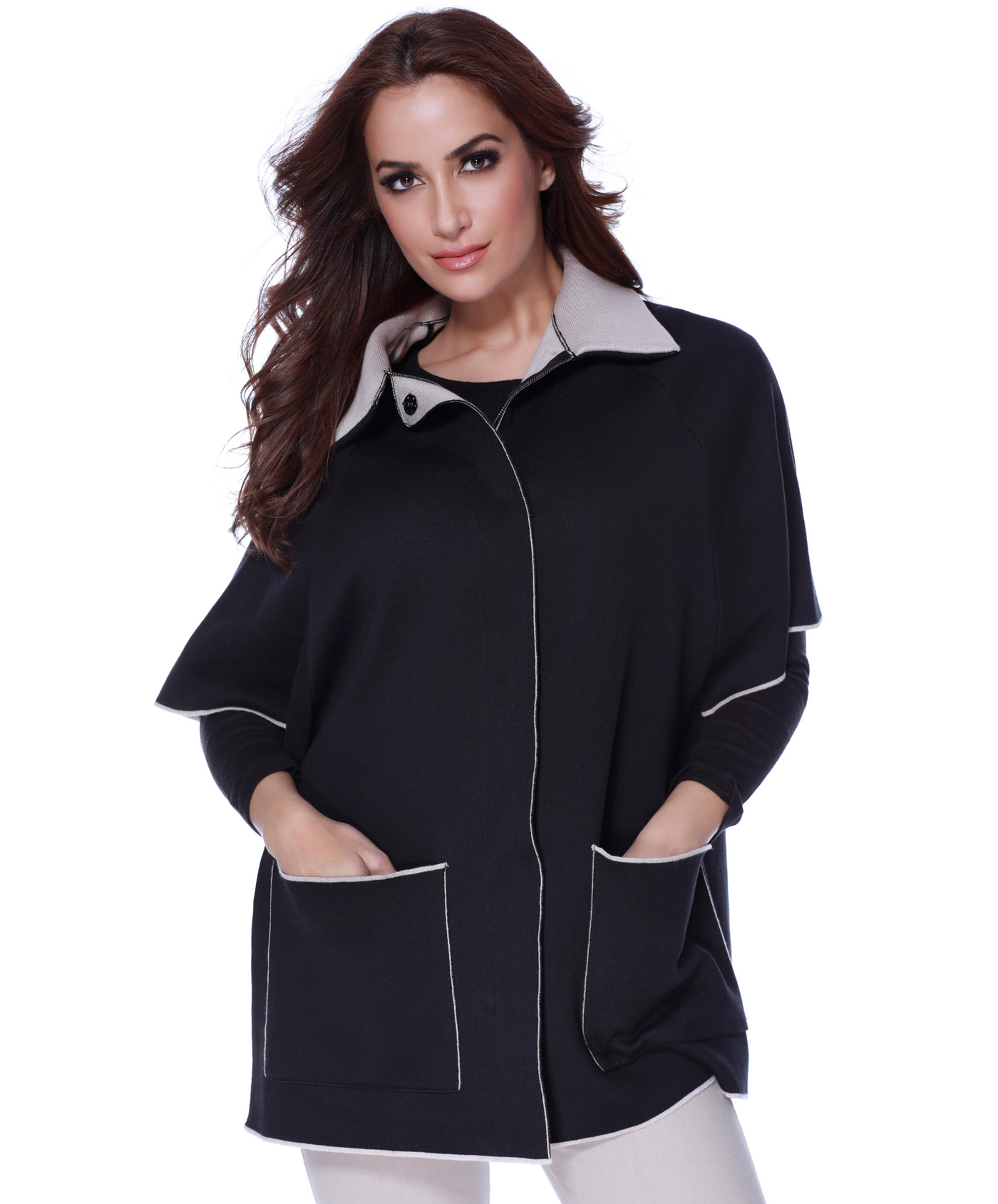 Zip Up & Buttons Poncho W/ Pockets