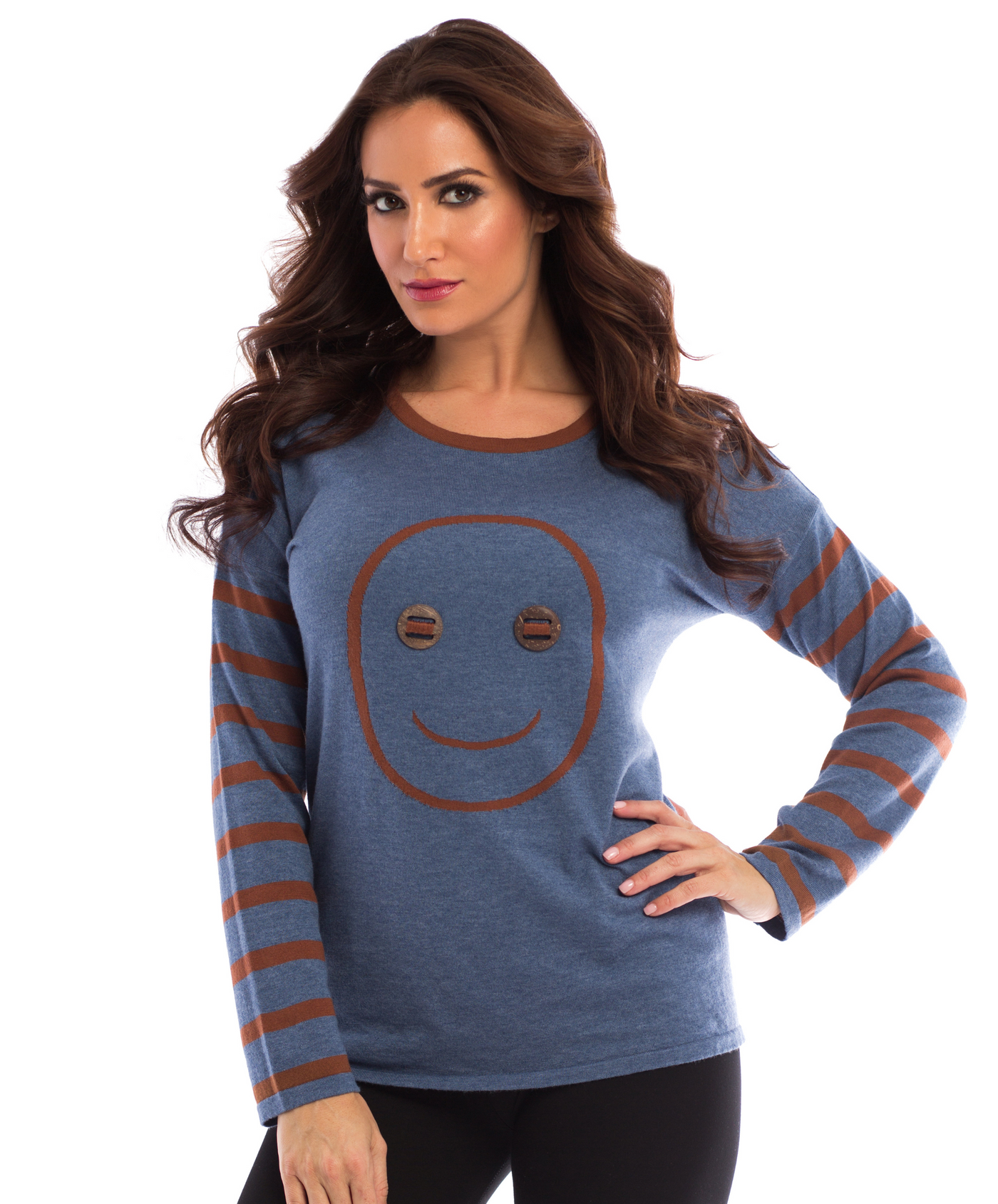 Wood Button Smiley Face Pullover