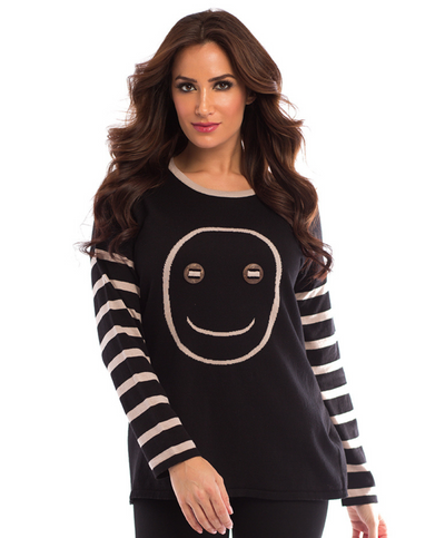 Wood Button Smiley Face Pullover